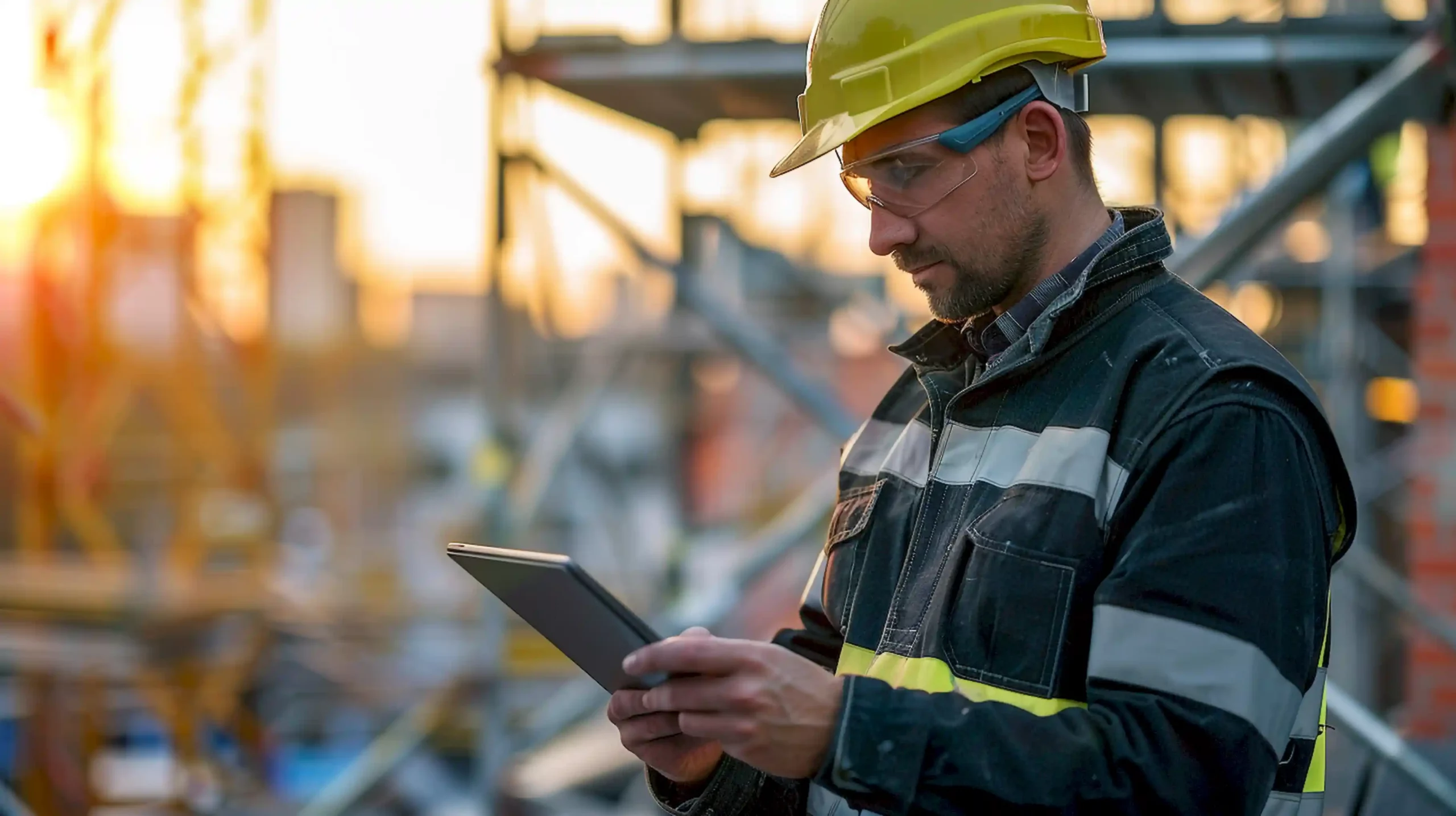 Bauleiter prüft Gerüstplanung digital auf Tablet auf Baustelle in Köln